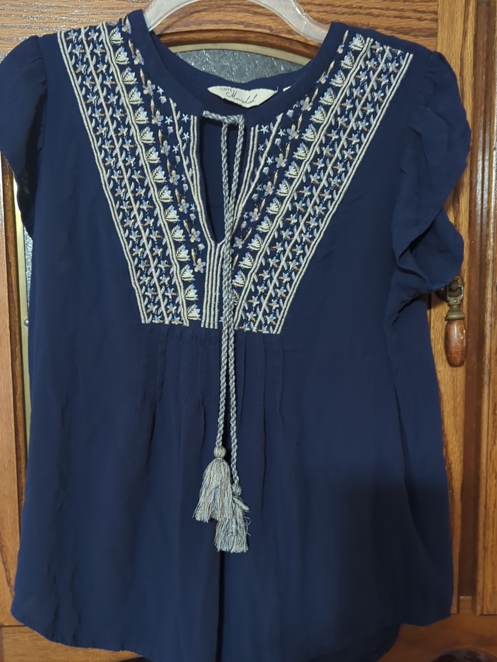Embroidered Navy Peasant Blouse with Tassel Tie
